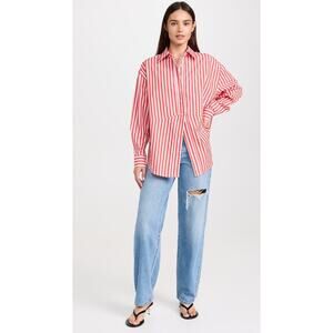 FAVORITE DAUGHTER Red White Stripe Pattern Front Button Open Hem Shirt sz Large